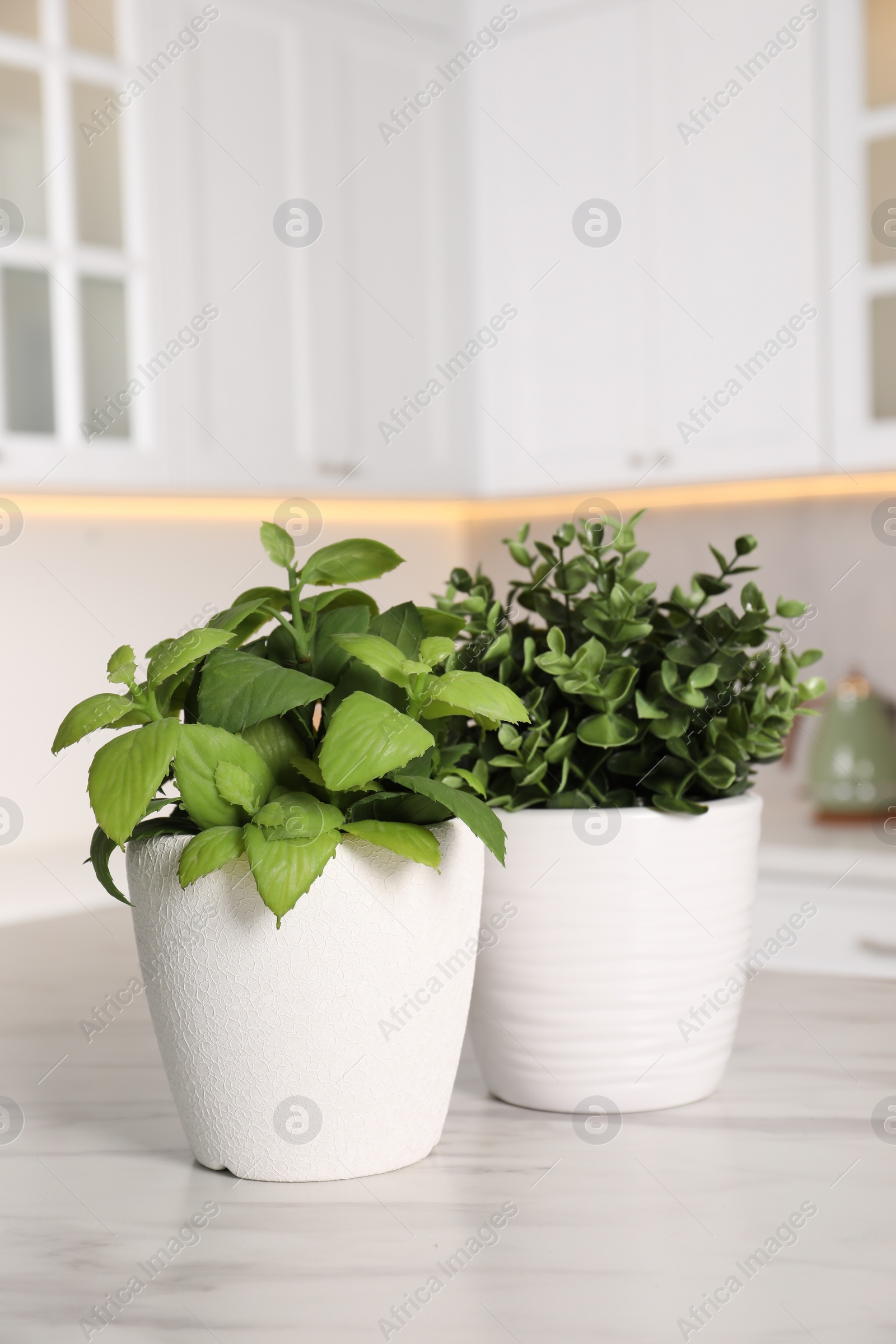 Photo of Artificial potted herbs on white marble table in kitchen. Home decor