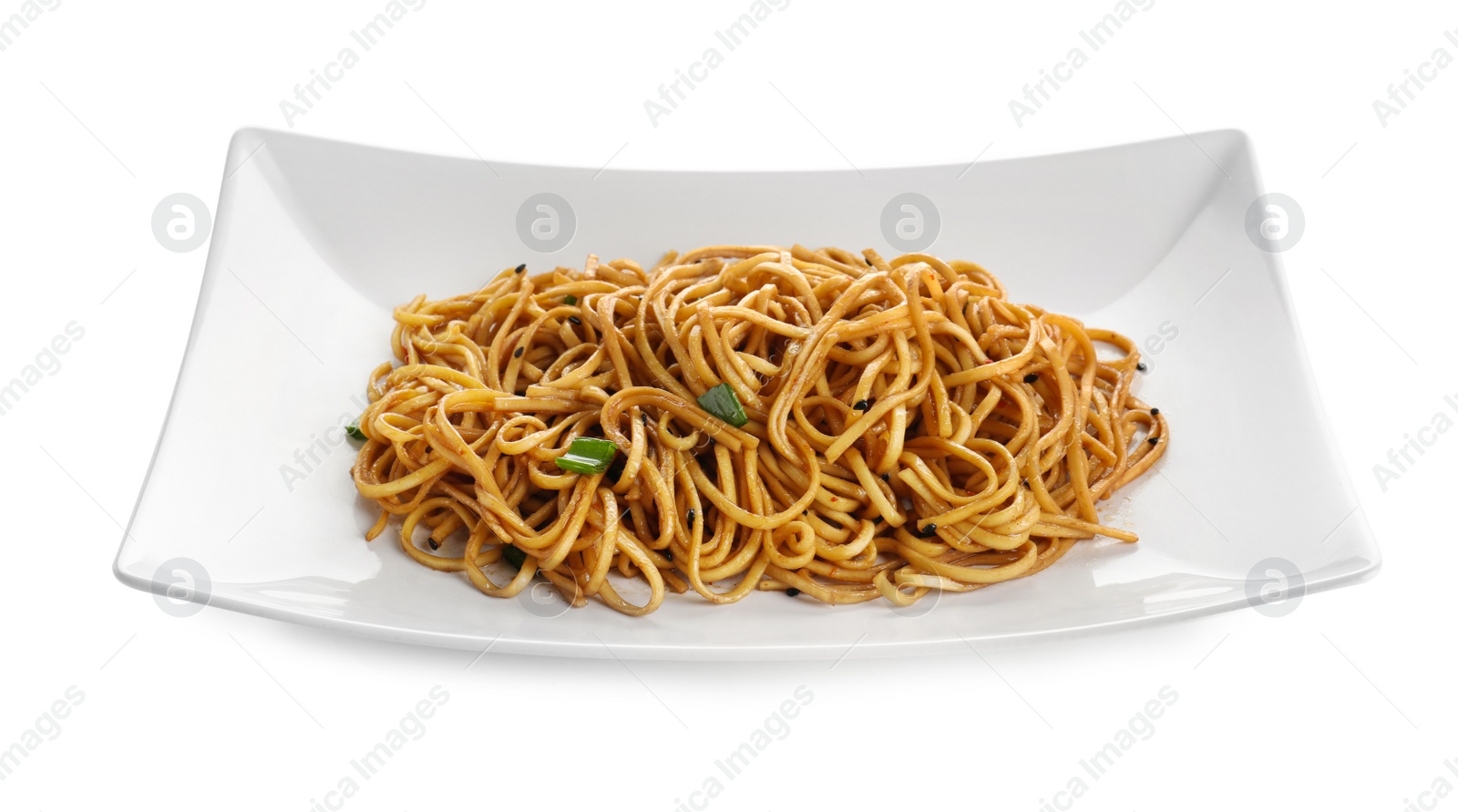 Photo of Plate of tasty cooked noodles isolated on white