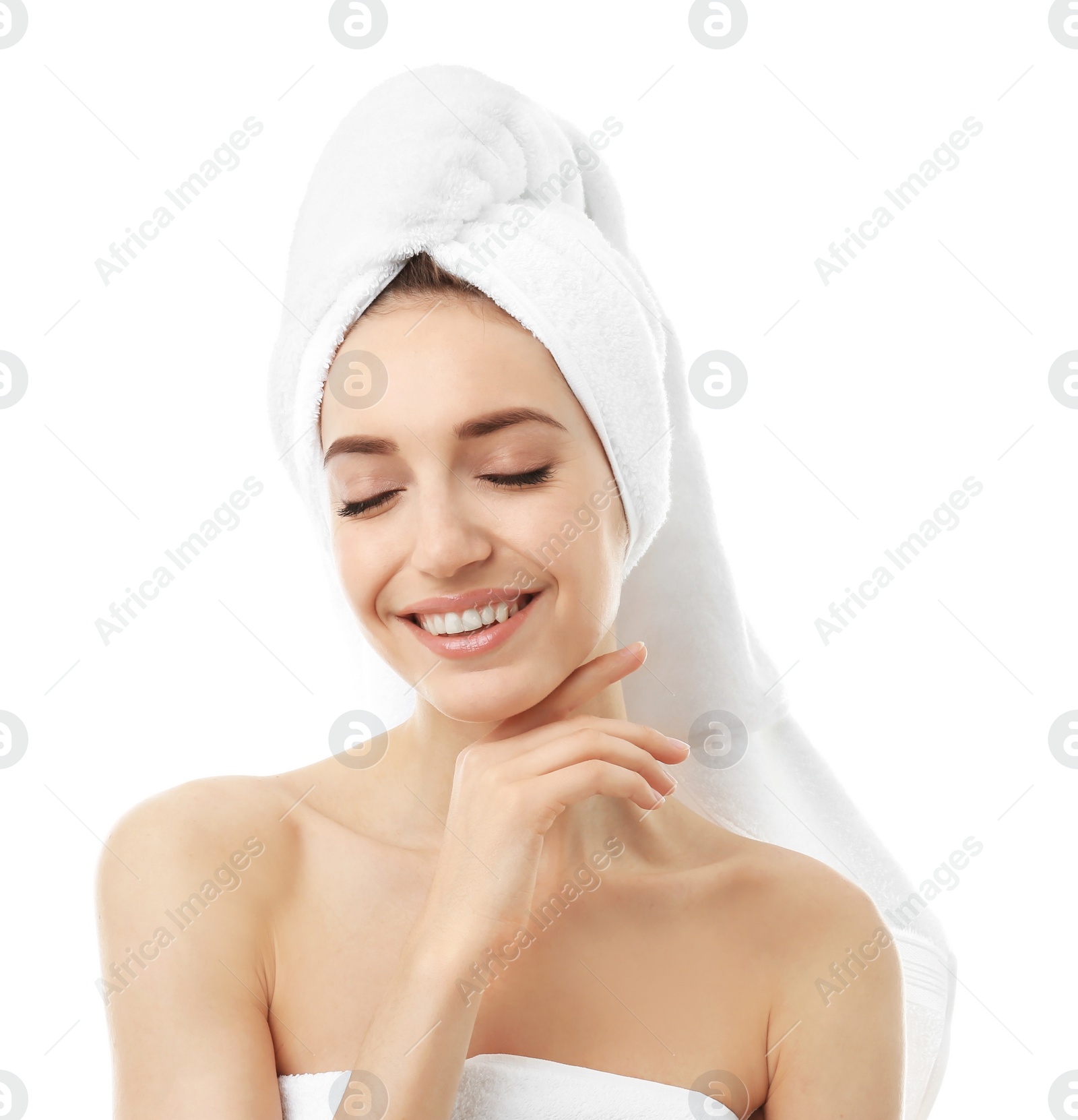 Photo of Beautiful young woman with silky skin on white background