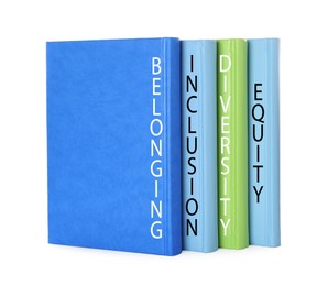 Image of Colorful hardcover books with words Belonging, Diversity, Equity, Inclusion on white background
