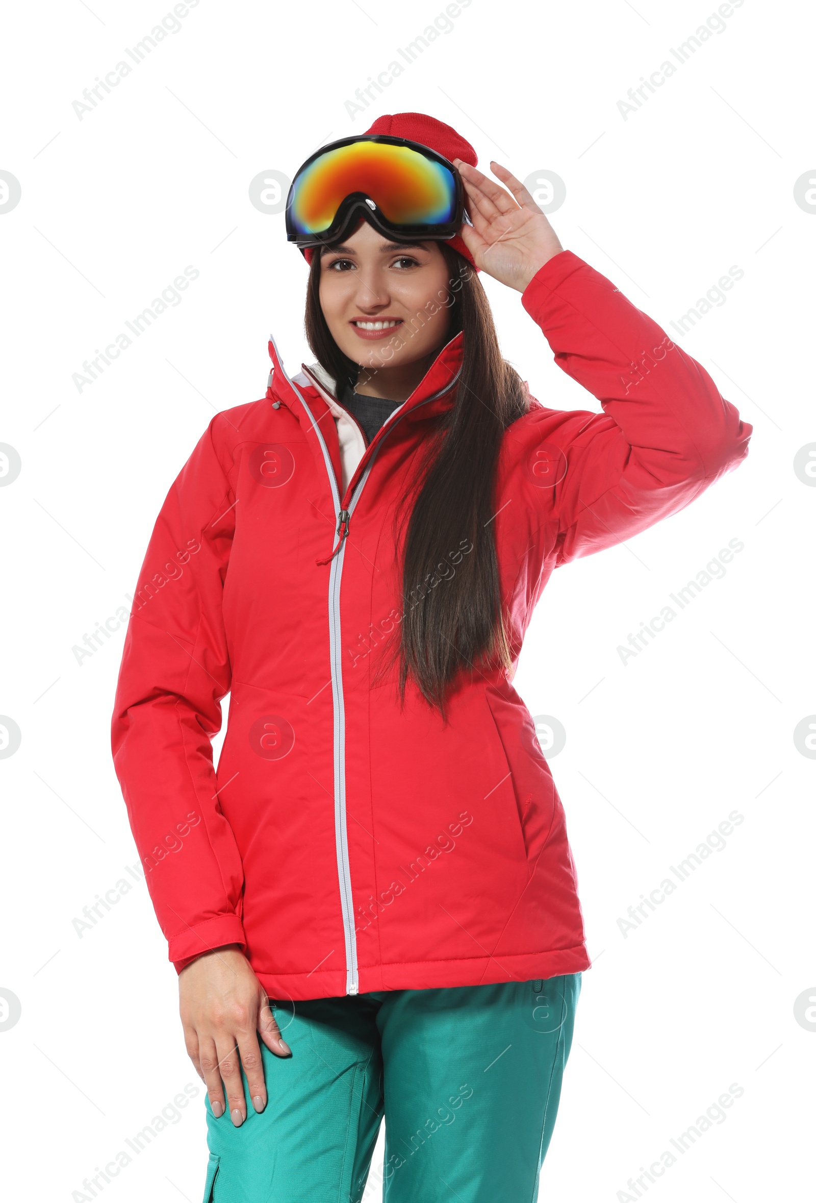 Photo of Woman wearing stylish winter sport clothes on white background