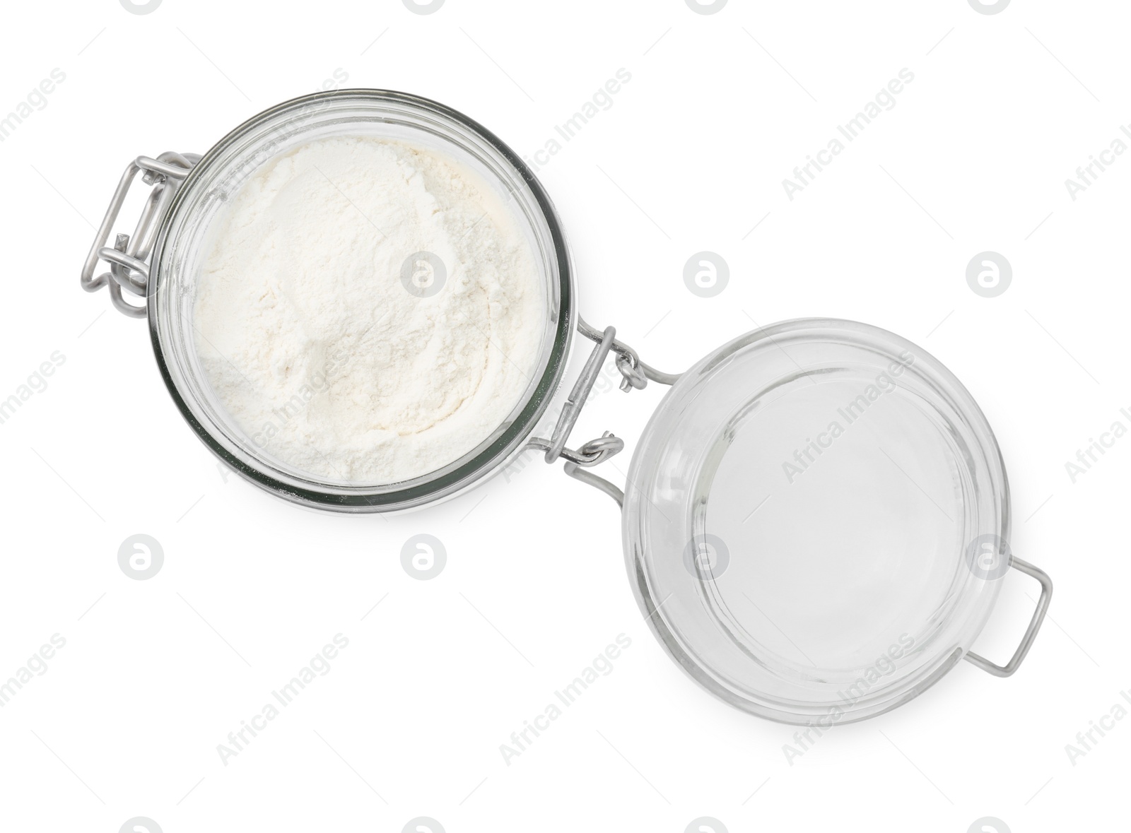 Photo of Baking powder in glass jar isolated on white, top view