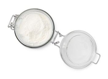 Photo of Baking powder in glass jar isolated on white, top view