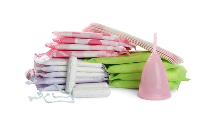 Photo of Menstrual pads and other hygiene products on white background. Gynecological care