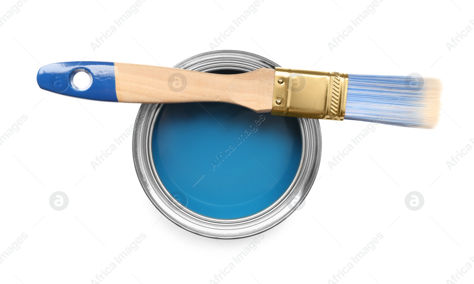 Photo of Can of blue paint and brush on white background, top view