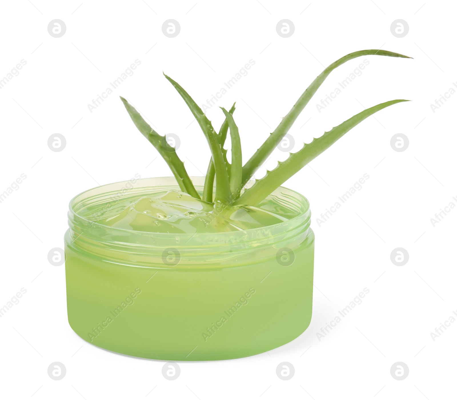 Photo of Jar of natural gel and fresh aloe isolated on white