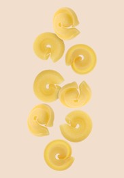 Image of Raw dischi volanti pasta flying on beige background