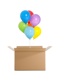 Photo of Gift box with bright air balloons on white background