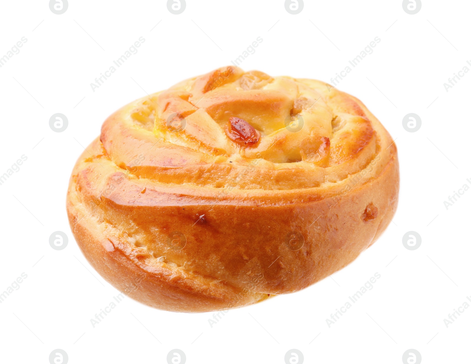 Photo of One delicious roll with raisins isolated on white. Sweet bun