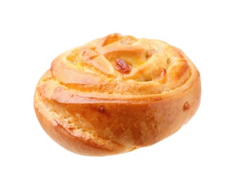 Photo of One delicious roll with raisins isolated on white. Sweet bun