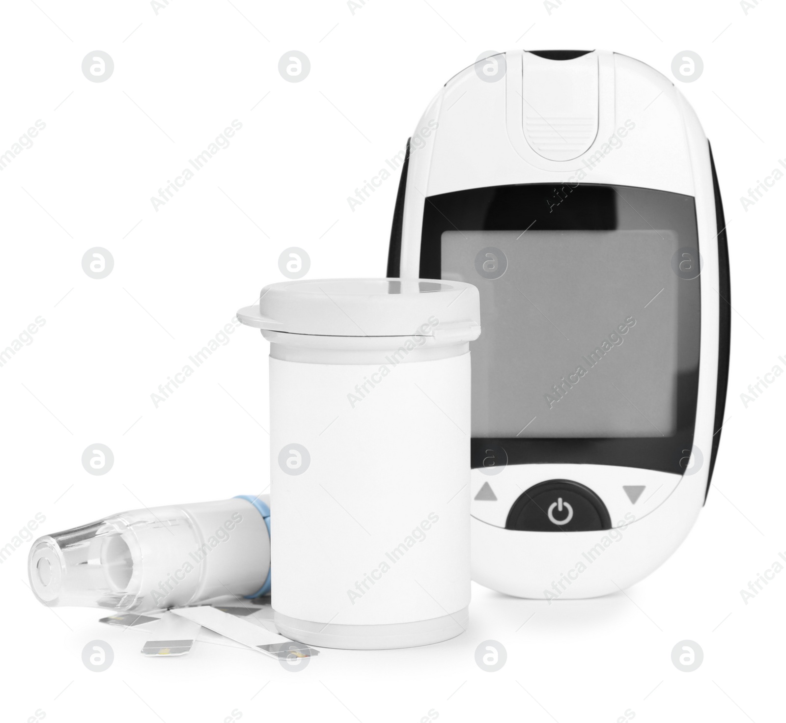 Photo of Digital glucometer, lancet pen, container and test strips on white background. Diabetes control