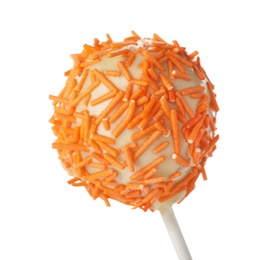 Photo of Tasty cake pop with orange sprinkles isolated on white