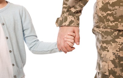 Photo of Soldier in Ukrainian military uniform and his daughter on white background, closeup. Family reunion