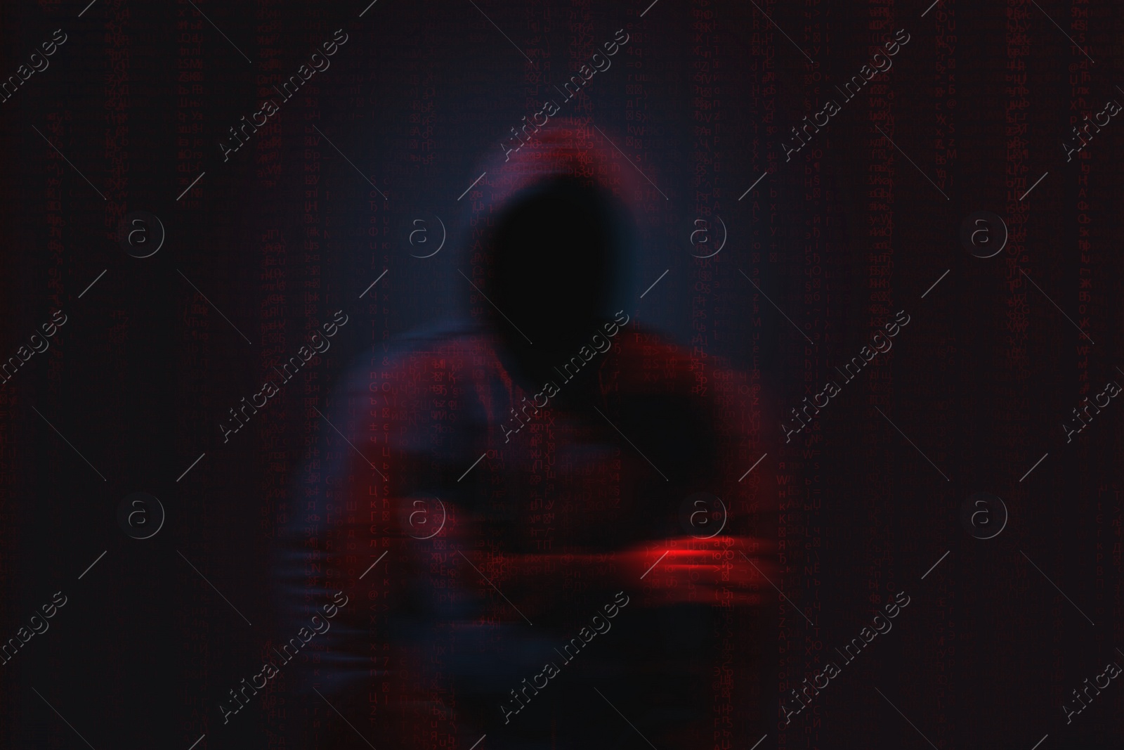 Image of Silhouette of anonymous hacker and digital binary code on dark background. Cyber attack concept