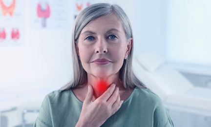 Image of Endocrine system. Woman doing thyroid self examination indoors, banner design