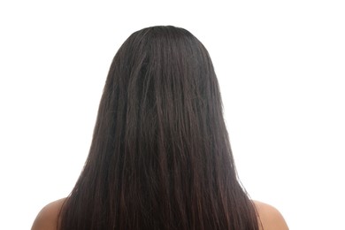 Photo of Woman with damaged messy hair on white background, back view