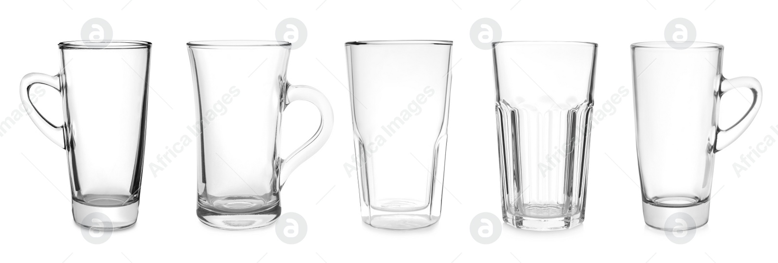 Image of Set with different empty glass coffee cups on white background. Banner design