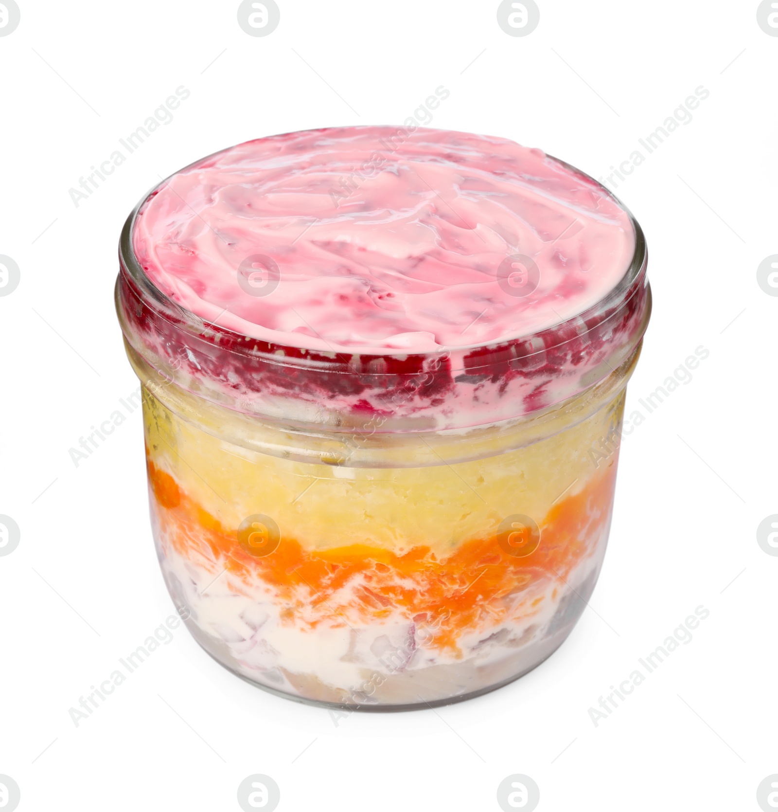 Photo of Jar with herring under fur coat isolated on white. Traditional Russian salad