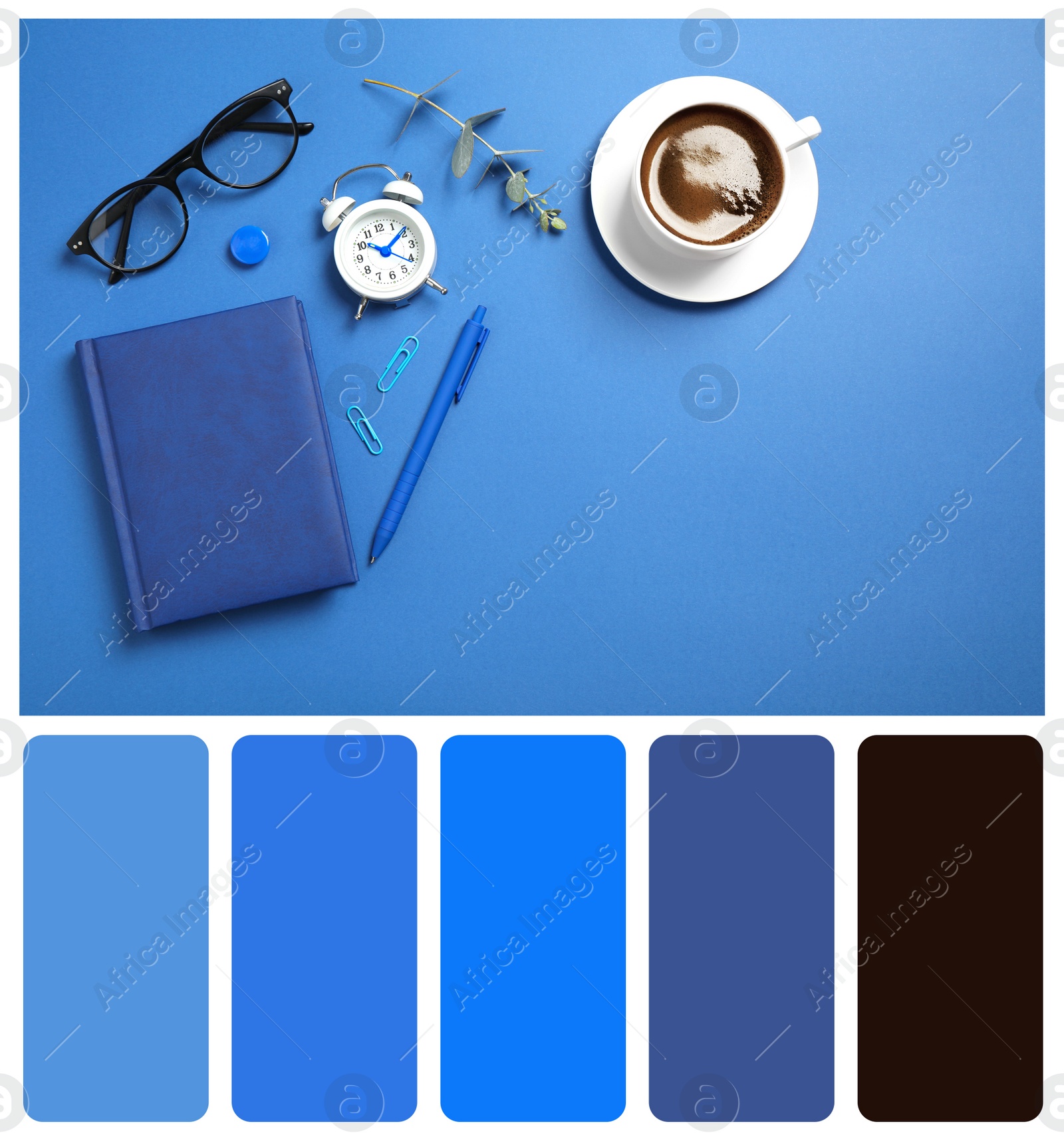 Image of Flat lay composition inspired by color of the year 2020 (Classic blue) on bright background