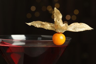 Photo of Tasty cocktail decorated with physalis fruit against blurred festive lights, closeup