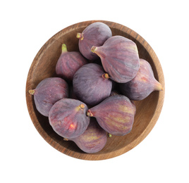 Photo of Whole tasty fresh figs isolated on white, top view