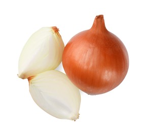 Photo of Whole and cut onions on white background, top view