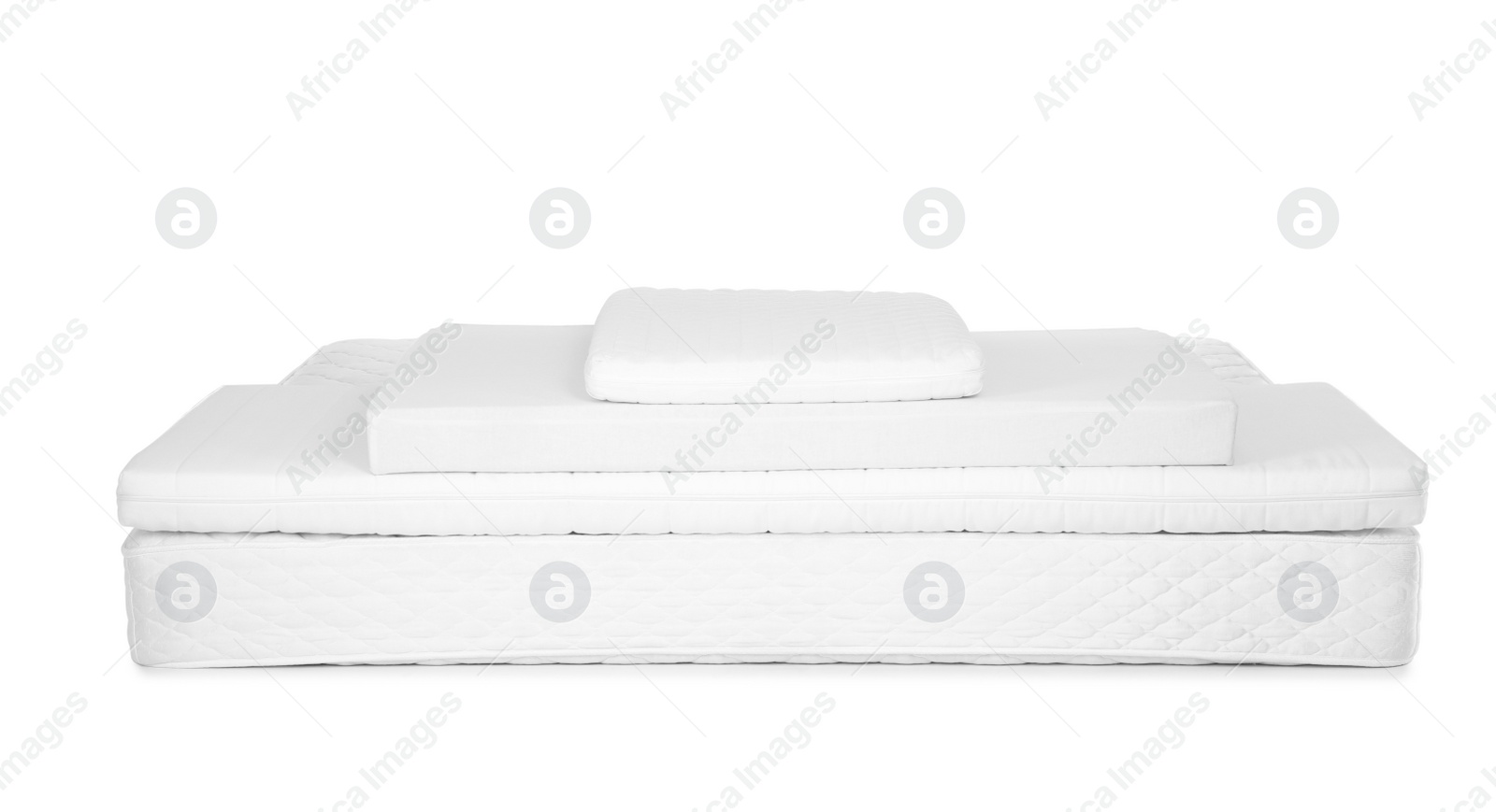 Photo of Modern comfortable orthopedic mattress pile isolated on white