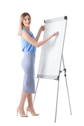 Photo of Female business trainer giving presentation against white background