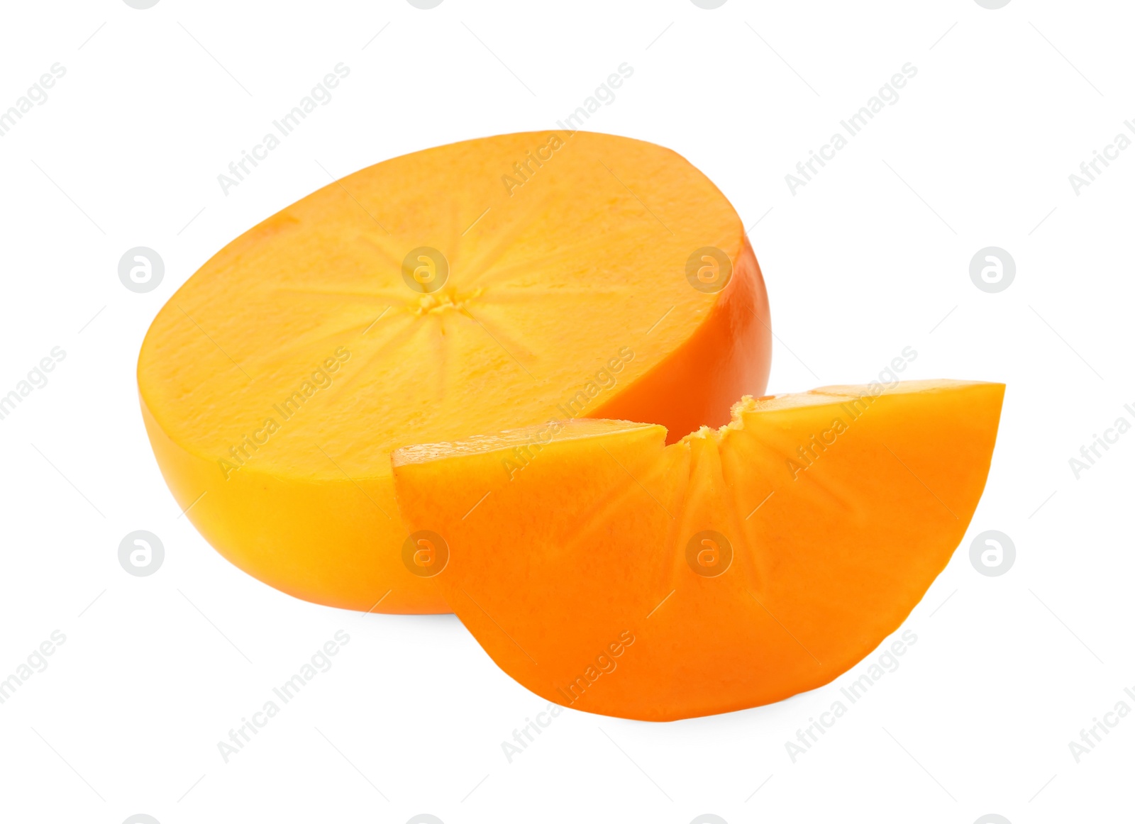 Photo of Pieces of delicious ripe juicy persimmons on white background