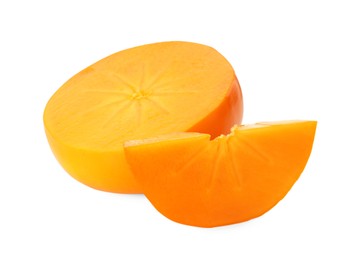 Pieces of delicious ripe juicy persimmons on white background