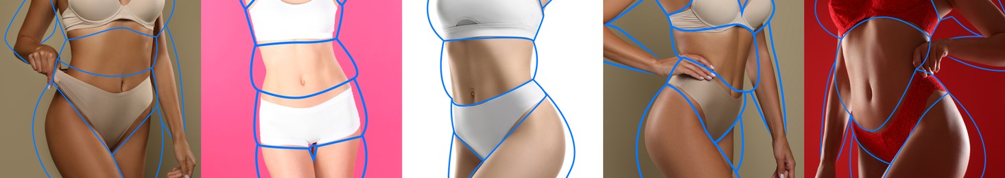 Image of Collage with photos of slim young women wearing beautiful underwear on different color backgrounds, banner design. Illustrations of lines around ladies before weight loss