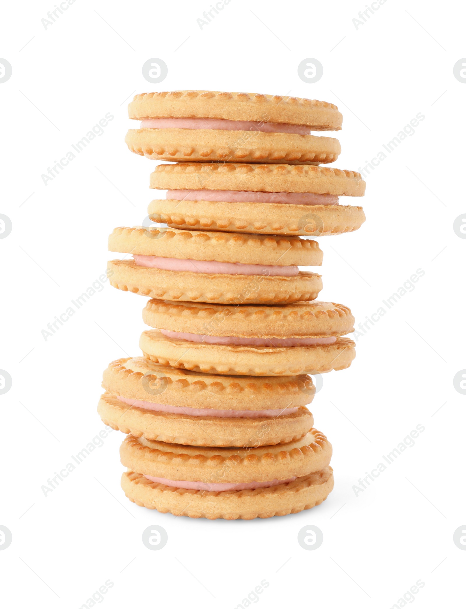 Photo of Stack of tasty sandwich cookies with cream isolated on white