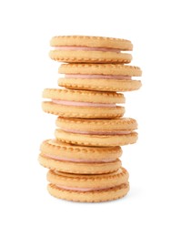 Stack of tasty sandwich cookies with cream isolated on white