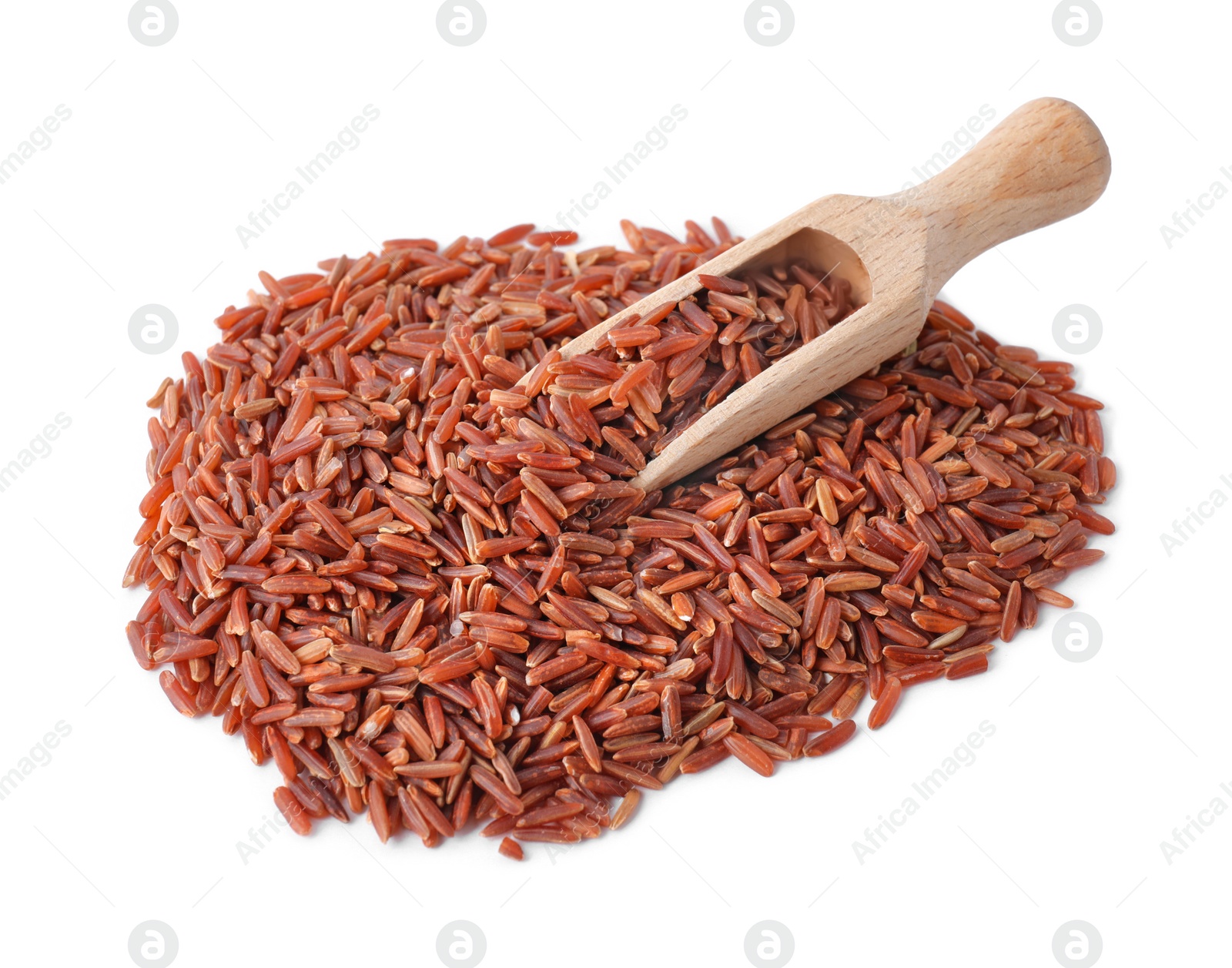 Photo of Brown rice and scoop isolated on white