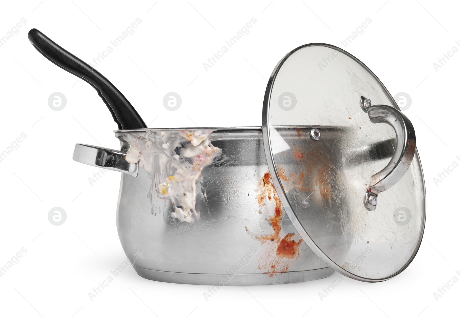 Photo of Many different dirty dishes on white background