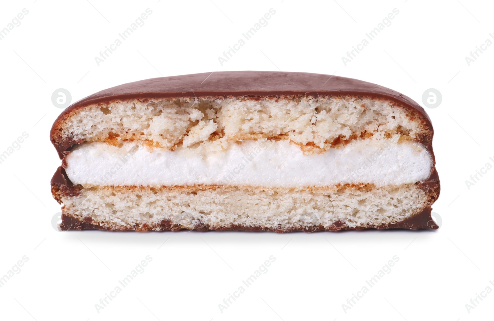 Photo of Half of delicious choco pie isolated on white