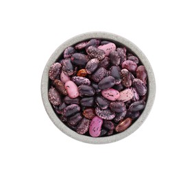 Photo of Bowl with dry kidney beans isolated on white, top view