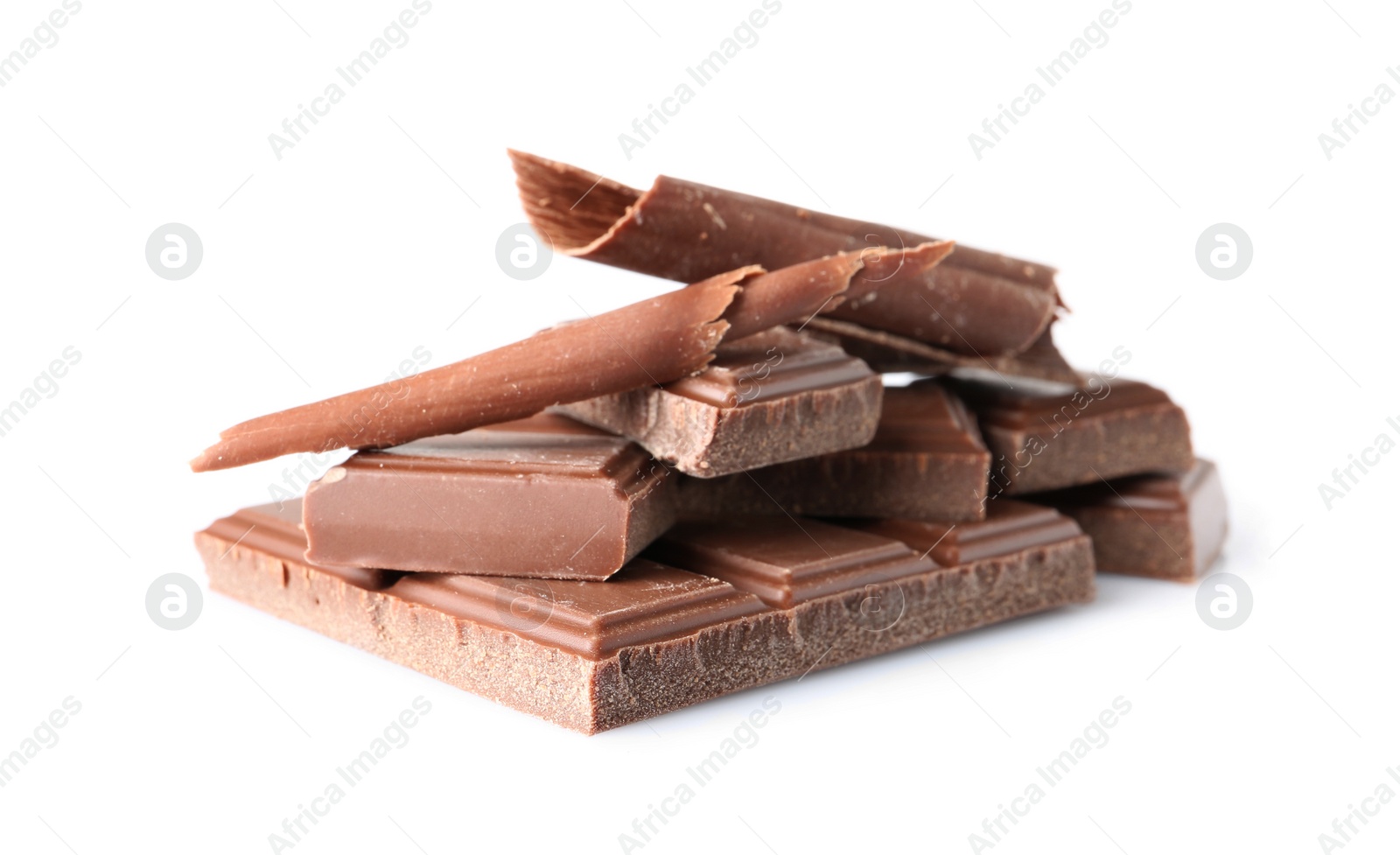 Photo of Chocolate curls and pieces isolated on white