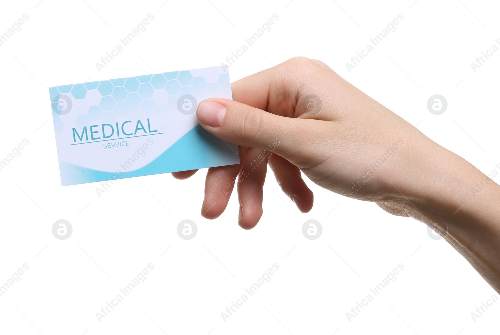 Photo of Woman holding business card isolated on white, closeup. Medical service