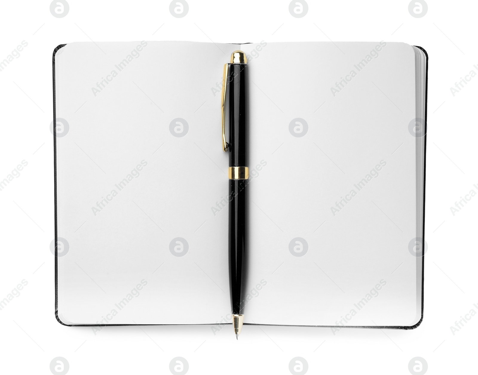 Photo of Open notebook with blank pages and pen isolated on white, top view