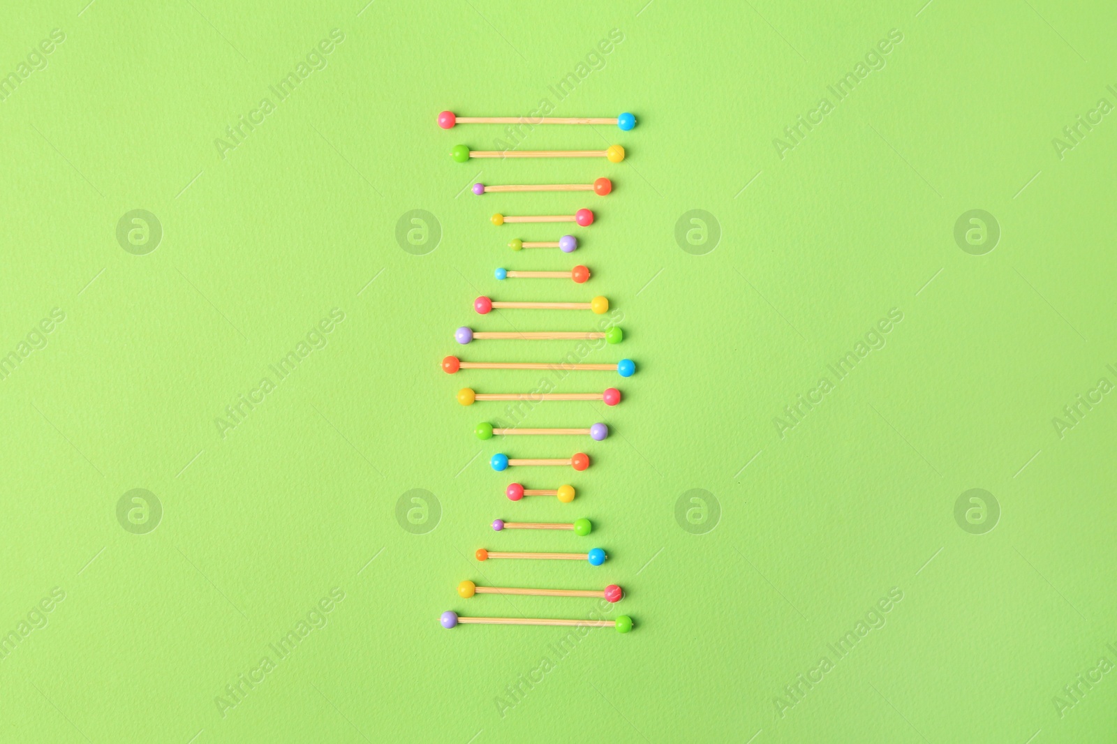 Photo of Model of DNA molecular chain on green background, top view