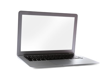 Photo of Modern laptop with blank screen isolated on white