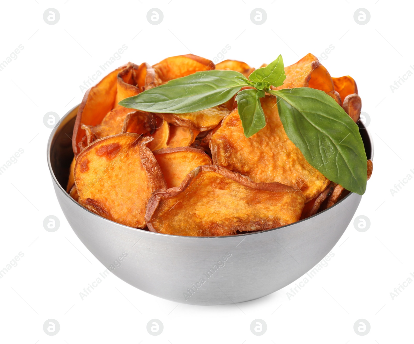 Photo of Bowl of sweet potato chips with basil isolated on white