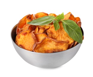 Photo of Bowl of sweet potato chips with basil isolated on white