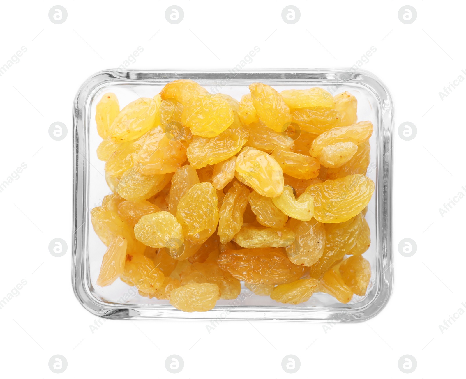 Photo of Bowl with raisins on white background, top view. Healthy dried fruit