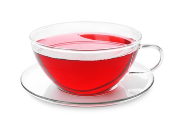 Photo of Cup of delicious cranberry tea isolated on white