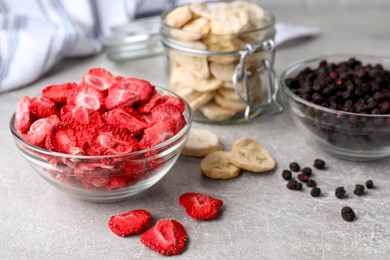 Photo of Many different freeze dried fruits on light grey table