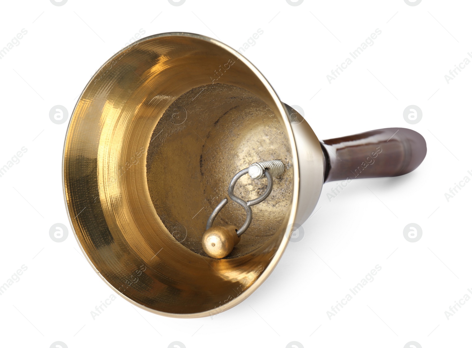 Photo of Golden school bell with wooden handle isolated on white