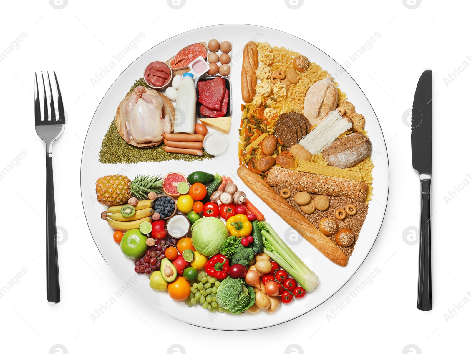 Image of Cutlery near plate with different products on white background, top view. Balanced food