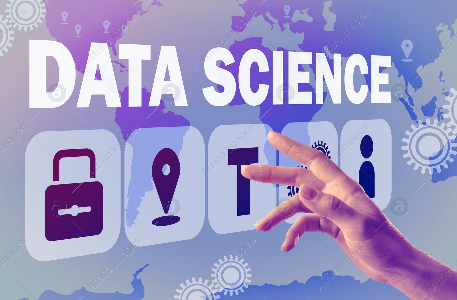 Image of Data science. Woman touching digital screen, closeup